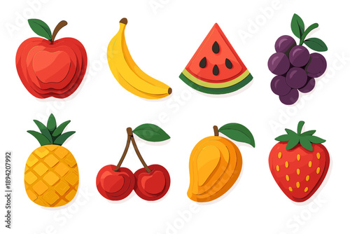 Fruits flat icon set. featuring apple, banana, watermelon, grapes, pineapple, cherries, mango, and strawberry