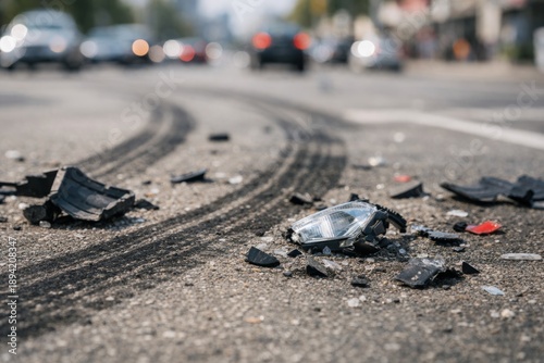 Debris from a car accident on an urban street, showcasing a shattered headlight and tire marks, evoking a sense of urgency.