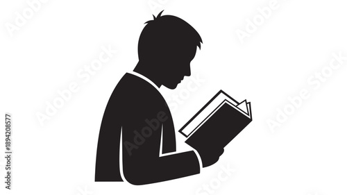 Man Reading Book in Simple Silhouette with Black and White Color Scheme on Plain White Background for Education