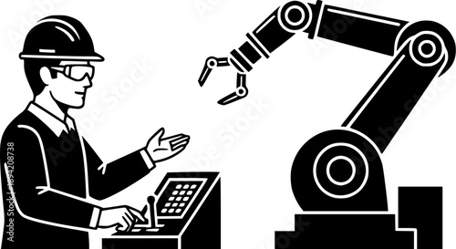 Robotics engineer man testing industrial automation robot arm