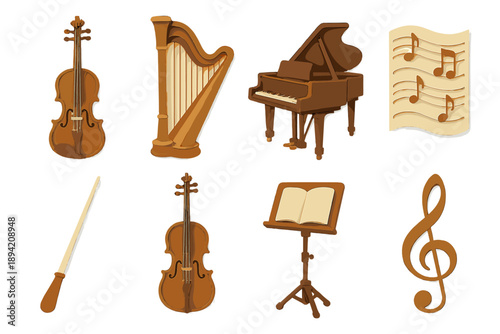 Music instruments silhouette icon set. featuring violin, harp, piano, sheet music, baton, music stand, treble clef