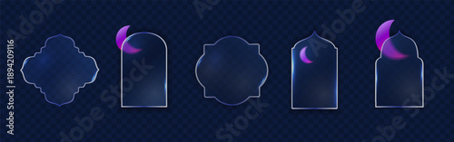 Glassmorphism Ramadan Window Frames with crescent moon elements , Islamic , Muslim architecture. Transparent frosted Glass shapes for banners, posters, web design and festive layouts