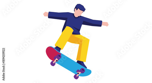 A young man performs a trick while skateboarding in a vibrant illustration