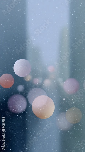Blurry image of a cityscape with a few bright, colorful orbs