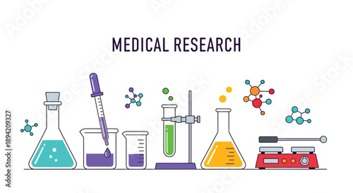 Colorful illustration depicting medical research equipment and molecular structures