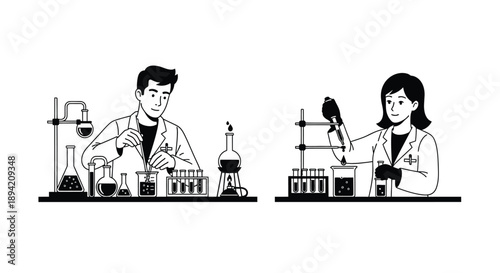 Two scientists conduct experiments in a laboratory setting with glassware