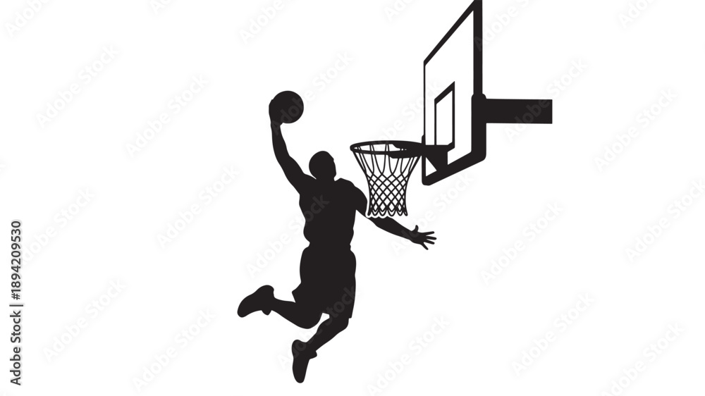 Obraz premium Basketball Player Dunking Silhouette in Dynamic Motion with High Contrast Lighting on Isolated White Background for Sports Illustration