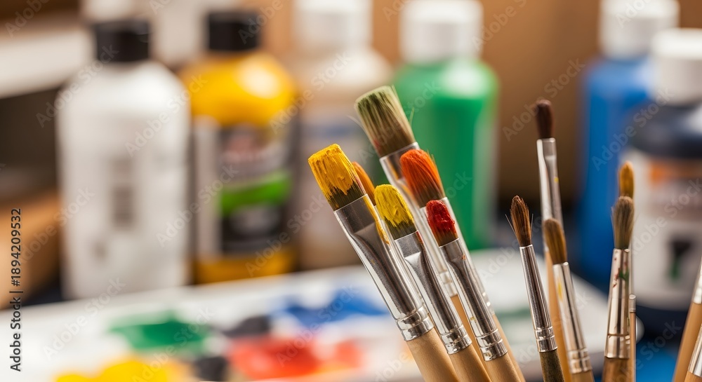 Fototapeta premium Assorted paint brushes with colorful paint and bottles in background supplies painting craft creativity