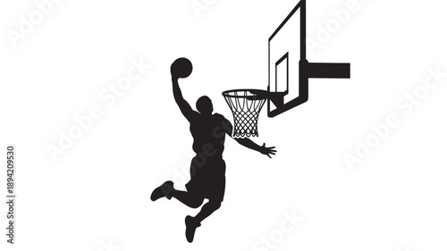 Basketball Player Dunking Silhouette in Dynamic Motion with High Contrast Lighting on Isolated White Background for Sports Illustration