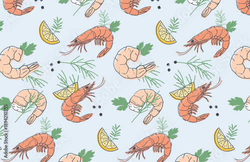 Seamless shrimp pattern with cooked prawns, lemon slices, herbs and peppercorns on light blue background. Cute hand drawn seafood repeat for packaging, kitchen textile, wrapping paper, menu, restauran