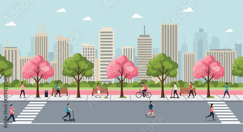 People walking, jogging and cycling in city park with cherry blossom trees and skyline background, healthy lifestyle and outdoor recreation concept, spring season urban scenery, flat vector