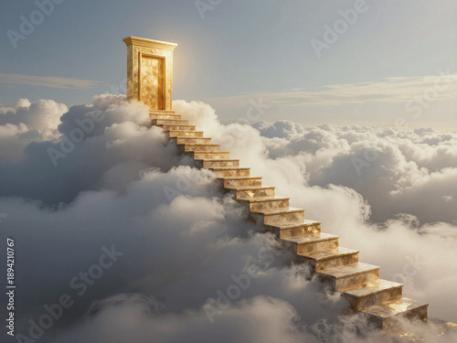 Ethereal Golden Staircase to a Luminous Sky Door