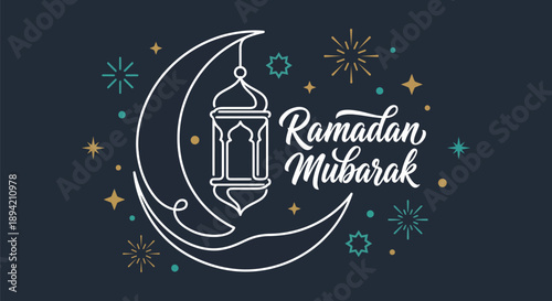 Ramadan Mubarak Greeting with Crescent Moon, Lantern, and Stars – Festive Islamic Holiday Illustration