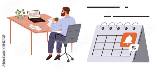 Time management, productivity, scheduling, office work, business planning, remote work. Man at desk with laptop and coffee, calendar with alert icon. Time management and productivity concepts