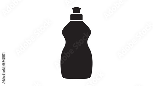 Dish soap bottle in simple silhouette with dark color on white background for household cleaning product