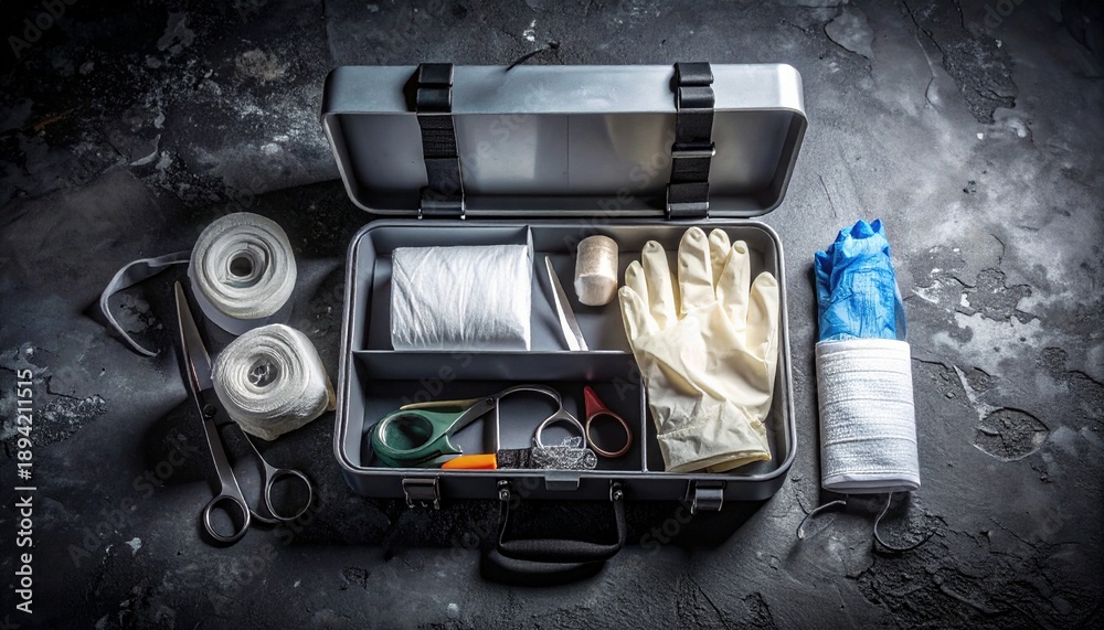 Obraz premium Essential First Aid Kit Layout on Dark Industrial Background: Medical Supplies for Emergency Preparedness.