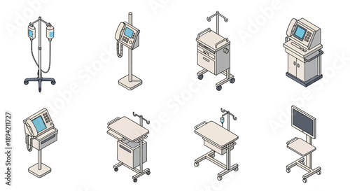 Isometric medical equipment carts monitors and vital signs devices