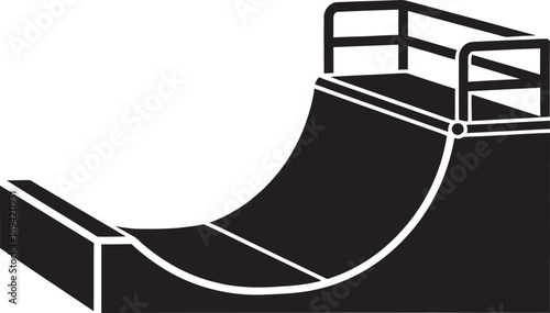 Professional black silhouette vector of a quarter-pipe skateboard ramp with a top safety railing. High-quality minimalist design ideal for skate park branding, extreme sports logos, and street culture