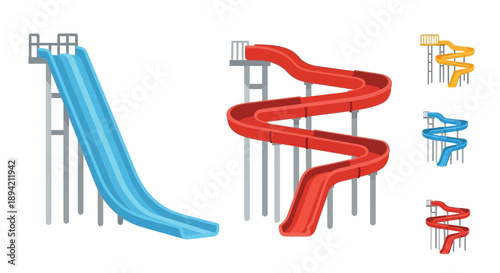Colorful water slides in a playful illustrative design for recreation