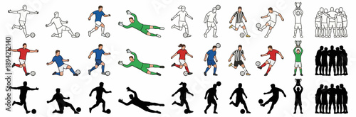 Action-Packed Soccer Players in Dynamic Poses, Sports Illustration, Colorful Environment, Exciting Viewpoint, Creative Concept