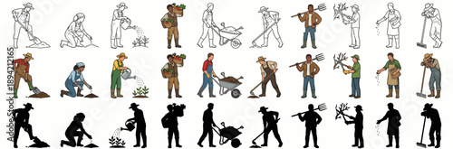 Dynamic Workers Engaged in Agriculture Tasks, Outdoor Farming Setting, Colorful Illustrations, Vivid Creation