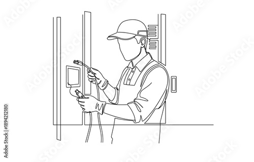 Electrician installing network cables in linear style