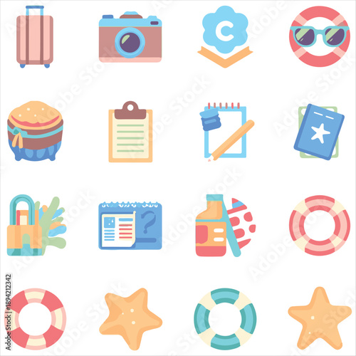 Summer travel and vacation flat vector icon set.

Minimalist holiday essentials collection for tourism design.

Adventure and journey icons with suitcase, camera, and passport.

Set of beach vacation 
