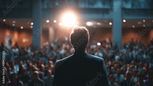 Vision announcement scene with executive inspiring employees during town hall meeting confident posture and motivated audience perfect for future vision and strategic leadership communication. MZ 