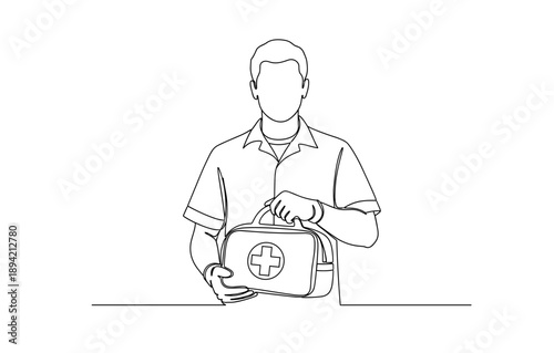 Minimalist line art of medic holding first aid kit with cross symbol