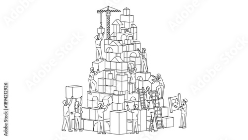 Line drawing of a large pyramid of boxes with people working and climbing on it in a simple, monochromatic style against a white background.