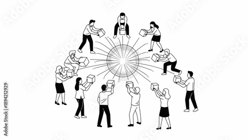 Black and white illustration of a diverse group of business professionals collaborating around a central wheel with lines and speech bubbles.