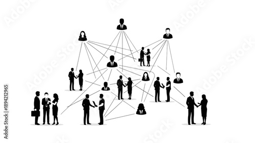 A graphic illustration of business professionals connected by lines in a network on a white background with black silhouettes.