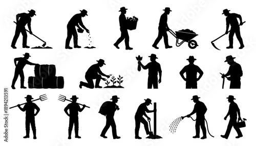 Black Silhouettes of Male Farmers and Gardeners Working in the Field Harvesting Crops Sowing Seeds Watering Plants and Using Agricultural Tools for Rural Farming Projects