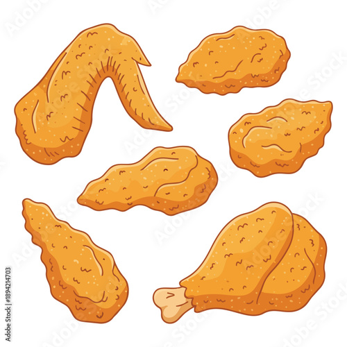 Assortment of Crispy Fried Chicken Wings and Drumsticks Illustration