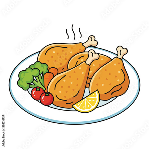 Roasted Chicken Legs Plate with Broccoli, Tomatoes, Carrots, and Lemon Slice