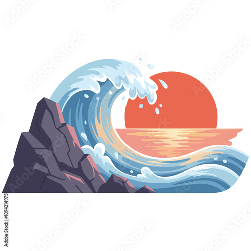 Dramatic crashing ocean wave against dark rocks and a setting sun, stylized vector illustration evoking coastal power and beauty