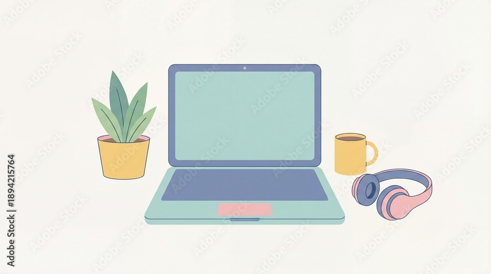 Fototapeta premium Laptop with plant mug and headphones on desk for remote work or study