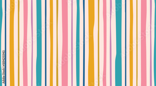 A colorful seamless vertical stripe pattern with irregular, hand drawn lines. This striped retro design in pink, blue, teal, and yellow is great for fabric, backgrounds, and kids' projects.
