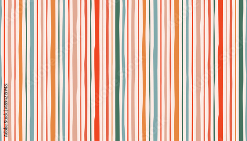 A seamless, organic vertical stripe pattern. Hand painted lines in warm orange, green, blue, and red create a bohemian, artistic striped background perfect for textiles or digital design.
