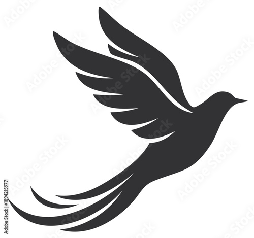 Elegant flying bird silhouette with spread wings. A graceful dove icon symbolizing peace, hope, and freedom. Vector graphic element.