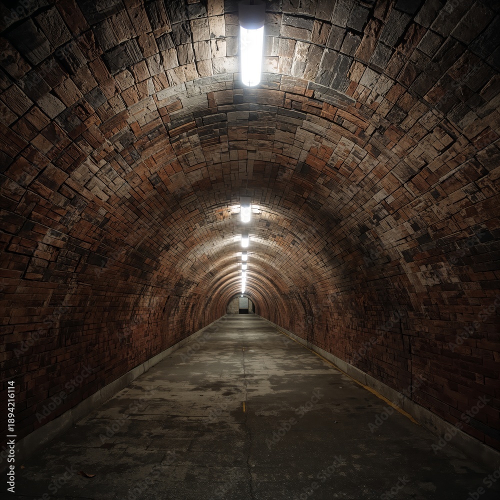 Fototapeta premium Brick Tunnel With Lights Showing a Walkway in a Dimly Lit Area During Night