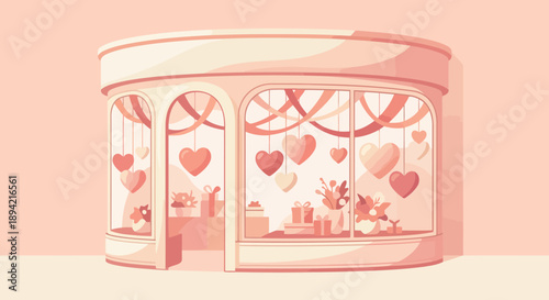 Valentine  kiosk display with hearts, flowers, and gifts in a festive shop window