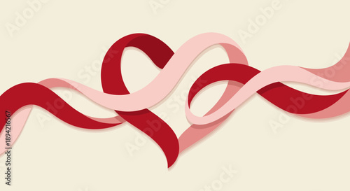 Valentine's day celebration with intertwined red and pink ribbons flowing elegantly on a soft surface