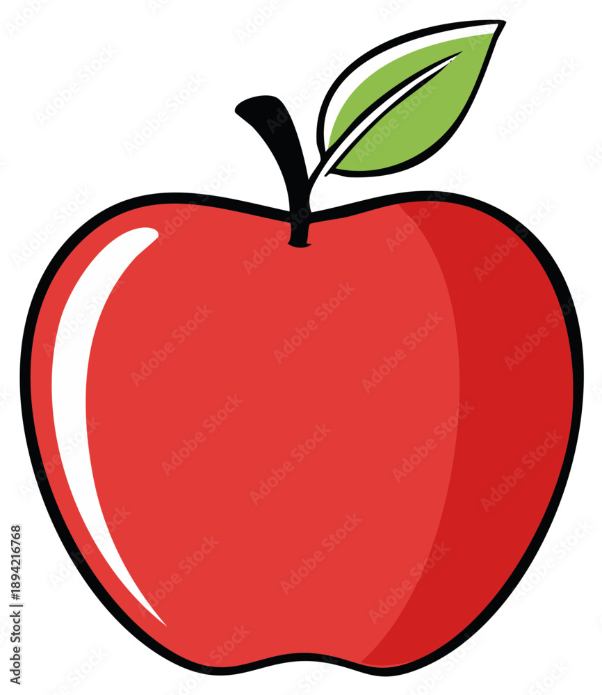 Fototapeta premium Bright Red Apple with Green Leaf and Stem Simple Clean Graphic Illustration