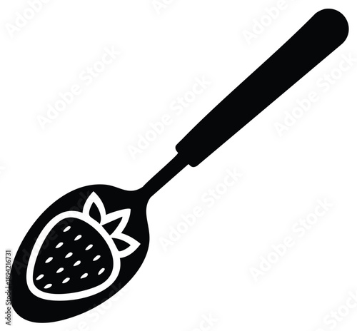 Simple black silhouette of a spoon with a strawberry fruit design icon