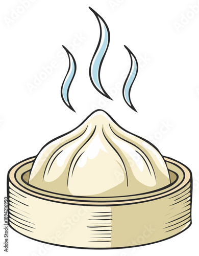 Hot delicious steamed dumpling in traditional bamboo steamer basket with rising steam Asian food illustration