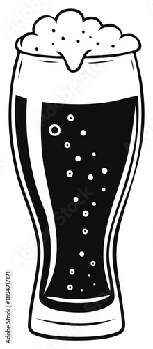 Cold Dark Stout with Bubbles and Foam in a Pint Glass with Black and White Style