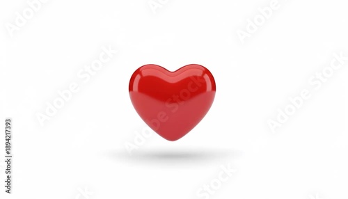 Glossy Red Heart Floating Over White Background, Soft Shadow Anchors Shape, Smooth Motion With Gentle Bounce,