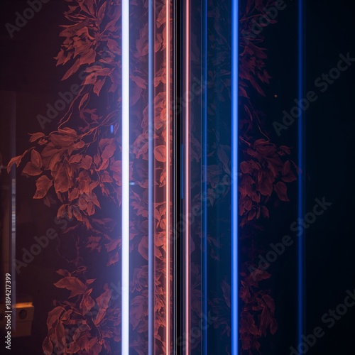 Colorful Light Beams Reflect on Leaves in a Dark Hallway During an Evening Event