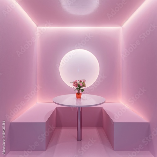 Bright Pink Interior With Round Light and Table in Simple Design